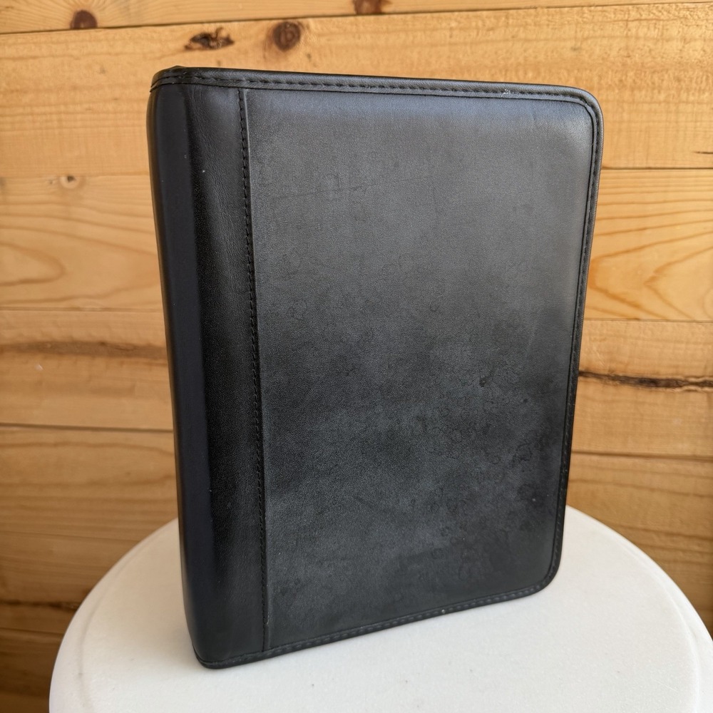VTG Franklin Covey Planner 7 Ring Leather Zip Around Classic Black Pockets